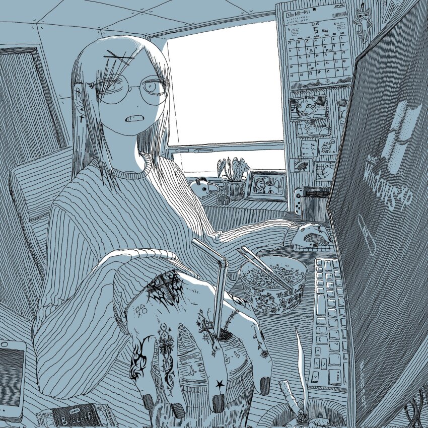 1girl ashtray at_computer calendar_(object) cameo can cellphone chainsaw_man cigarette coca-cola computer computer_keyboard cross cross_earrings cross_tattoo desk drink drink_can drinking_straw earrings finger_tattoo foreshortening frown glasses greyscale hair_ornament hairclip hand_tattoo highres holding holding_drink indoors jewelry korean_fire_noodles long_hair long_sleeves looking_at_viewer microsoft_windows monochrome nail_polish nintendo_switch original overexposure parted_bangs phone photo_(object) playstation_symbols pochita_(chainsaw_man) ribbed_sweater ryaw sidelighting smartphone soda_can solo sweater tattoo upper_body window windows_xp