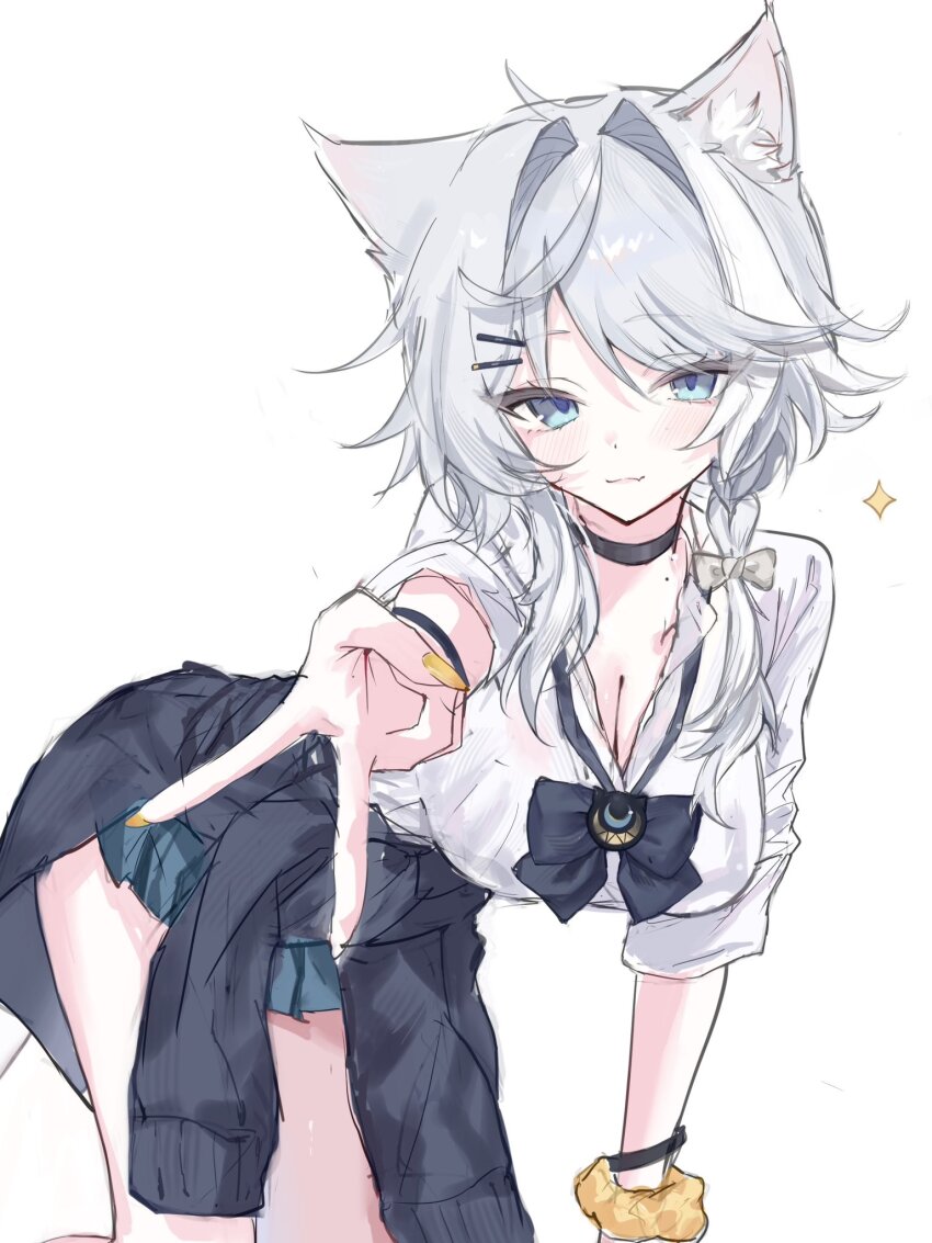 1girl alternate_costume ame_amean animal_ear_fluff animal_ears black_choker black_sweater blue_skirt breasts cat_ears cat_girl choker cipher_(honkai:_star_rail) cleavage clothes_around_waist grey_hair highres honkai:_star_rail honkai_(series) inward_v large_breasts leaning_forward looking_at_viewer miniskirt scrunchie shirt short_hair_with_long_locks simple_background skirt solo sweater sweater_around_waist v white_background white_shirt wrist_scrunchie