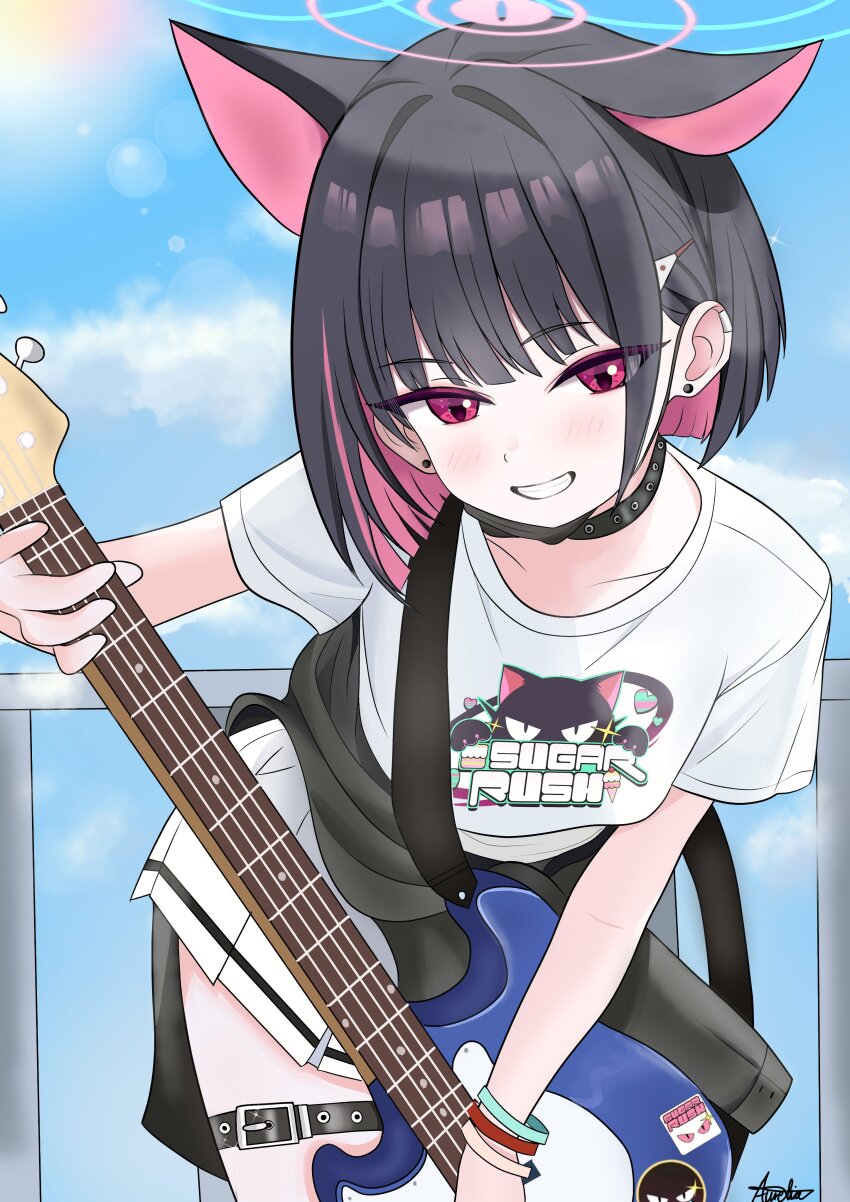 1girl :d absurdres animal_ears animal_print aurelia88 black_choker blue_archive blue_sky blunt_bangs blunt_ends blush bob_cut cat_ears cat_girl cat_print choker clothes_around_waist colored_inner_animal_ears colored_inner_hair commentary cowboy_shot day earrings extra_ears eyes_visible_through_hair grin guitar hair_behind_ear halo happy highres holding holding_guitar holding_instrument instrument jewelry kazusa_(band)_(blue_archive) kazusa_(blue_archive) leaning_forward looking_at_viewer mask mask_pull miniskirt mouth_mask multicolored_hair official_alternate_costume open_mouth outdoors pink_halo pleated_skirt print_shirt red_eyes shirt short_hair short_sleeves signature skirt sky smile solo stud_earrings t-shirt tsurime white_shirt white_skirt
