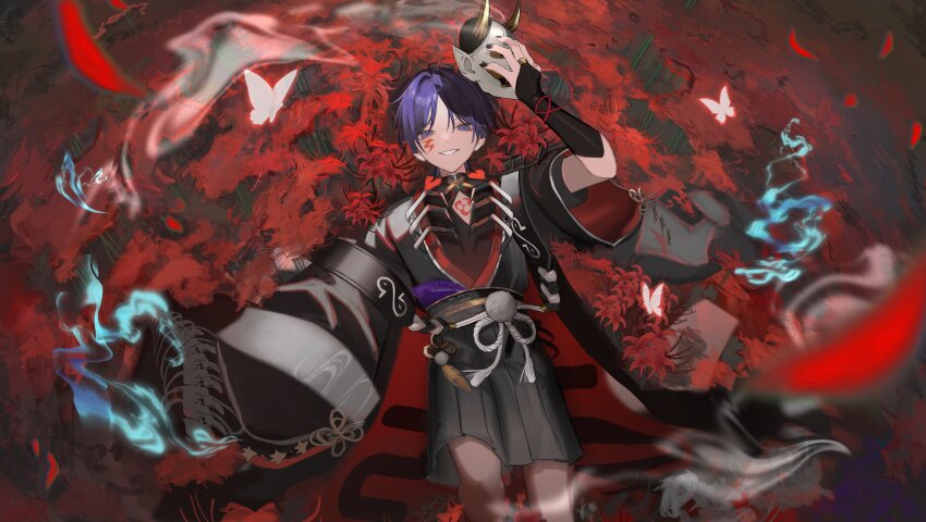1boy absurdres adapted_costume alternate_costume alternate_universe armor black_kimono black_nails black_rope black_shorts black_sleeves blunt_ends bug butterfly cape chinese_knot facial_mark flower from_above genshin_impact hair_intakes hakama hakama_shorts han&#039;eri hannya haori_himo highres holding holding_mask hoyofair insect japanese_armor japanese_clothes kimono kote kurokote layered_kimono looking_at_viewer male_focus mask noh_mask open_clothes open_kimono open_mouth pleated_shorts purple_eyes purple_hair red_cape red_kimono red_sleeves rope rtms scaramouche_(genshin_impact) shimenawa shorts smile smoke solo spider_lily two-sided_sleeves white_butterfly white_mouth white_rope white_trim