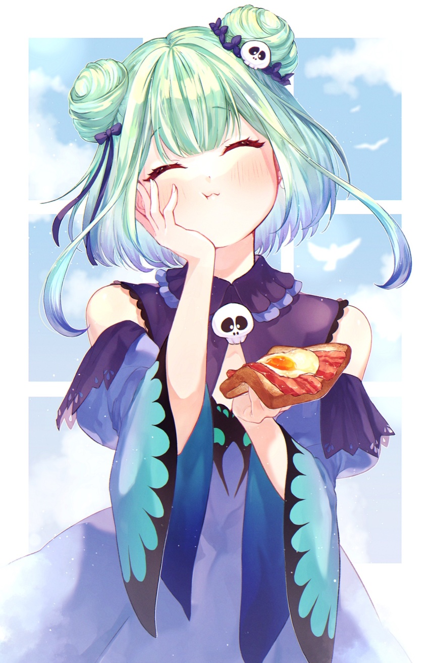 1girl ^_^ bacon blush bread_slice cleavage_cutout closed_eyes clothing_cutout detached_sleeves double_bun eating flat_chest food green_hair hair_bun hair_ornament hand_on_own_face highres holding holding_food hololive meyumeyuta short_hair skull_hair_ornament smile solo toast uruha_rushia uruha_rushia_(1st_costume) virtual_youtuber