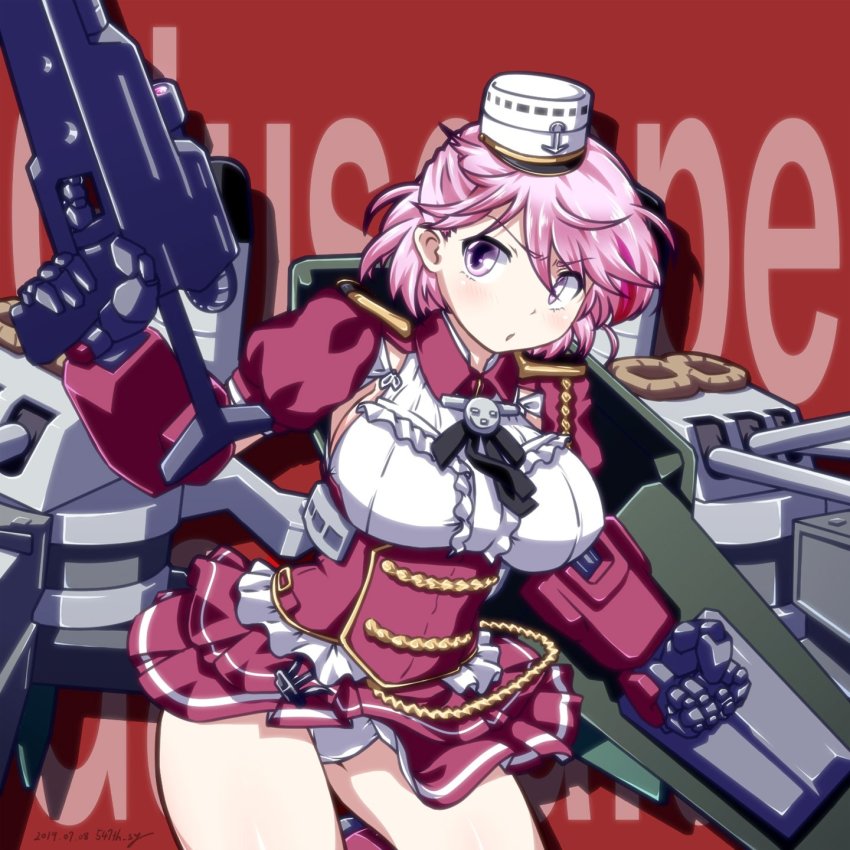 1girl 547th_sy anchor artist_name beam_rifle blush breasts character_name dated energy_gun female_focus frills galbaldy_beta giuseppe_garibaldi_(kancolle) gundam hat highres kantai_collection large_breasts mecha mecha_musume mini_hat panties pink_eyes pink_hair pleated_skirt puffy_sleeves red_background rigging robot short_hair skirt solo underwear weapon white_panties zeta_gundam