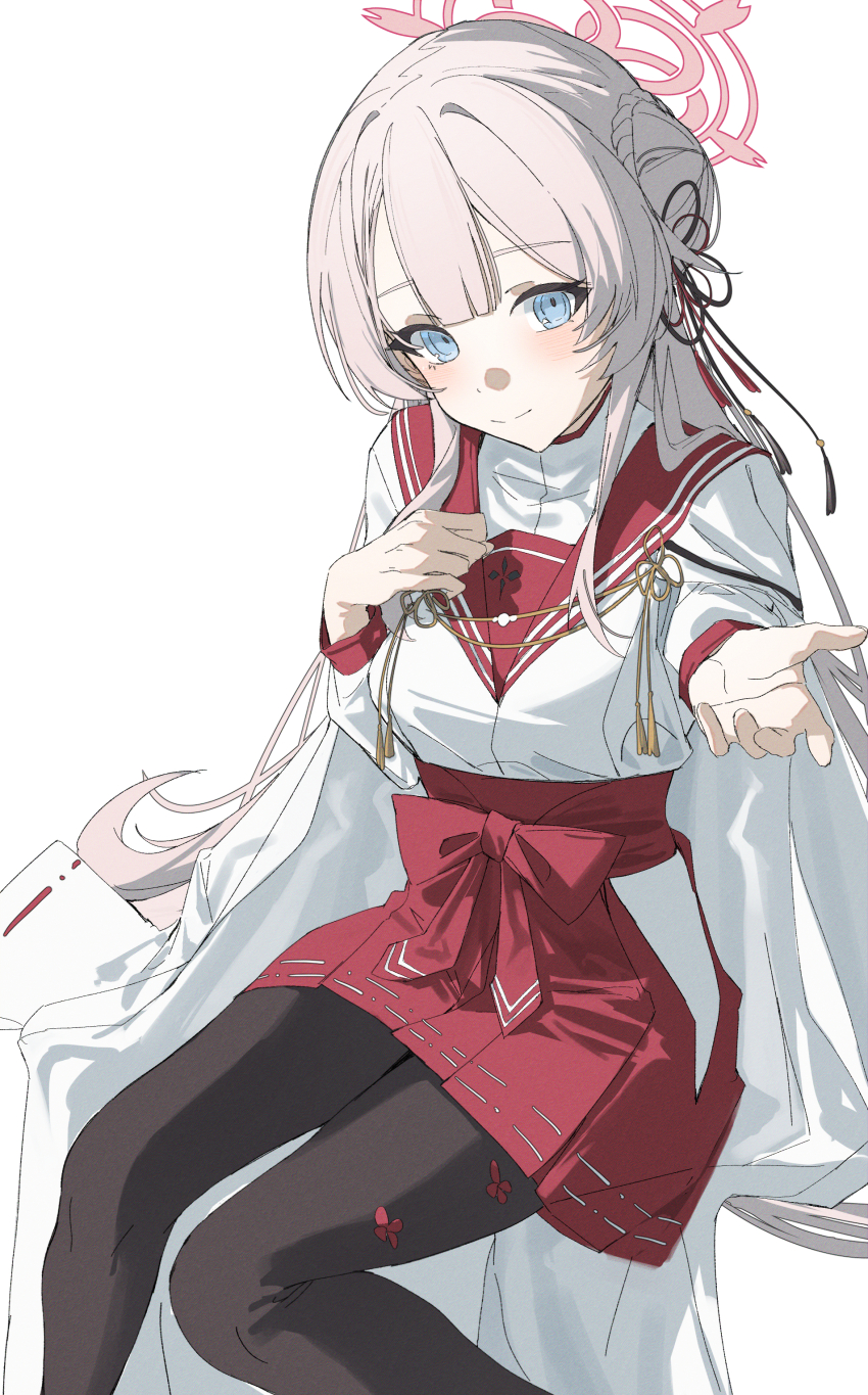 1girl absurdres black_hair black_pantyhose blue_archive blue_eyes blush bun_with_braided_base closed_mouth commentary hair_bun hair_ribbon hakama hakama_short_skirt hakama_skirt halo highres invisible_chair japanese_clothes long_hair looking_at_viewer mimori_(blue_archive) offering_hand open_hand outstretched_arm pantyhose pink_hair pink_halo qtian red_hakama red_ribbon red_sailor_collar ribbon sailor_collar simple_background single_hair_bun single_side_bun sitting skirt smile solo white_background