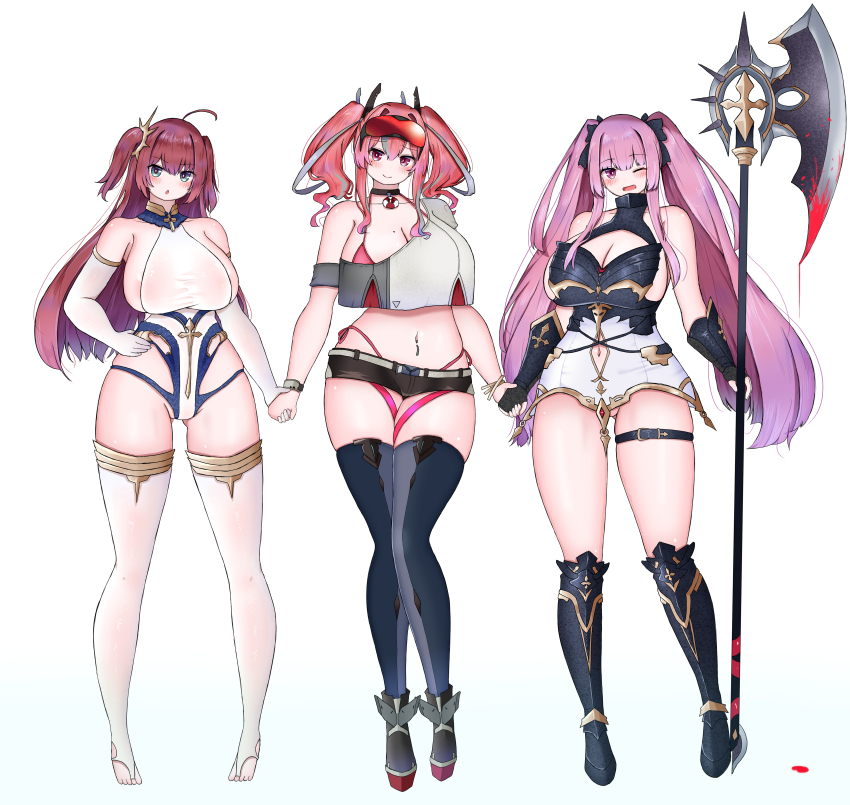 3girls absurdres armored_boots asymmetrical_hair axe azur_lane bad_id bad_pixiv_id belt bikini black_dress black_footwear black_ribbon blood blue_eyes boots breasts bremerton_(azur_lane) brown_shorts cleavage cleavage_cutout clothing_cutout dress elbow_gloves full_body gauntlets gloves gluteal_fold grey_footwear grey_legwear hair_ornament hair_ribbon highleg highleg_swimsuit highres holding holding_hands holding_weapon huge_breasts knee_boots la_galissonniere_(azur_lane) long_hair looking_at_viewer microdress midriff multicolored_hair multiple_girls navel_cutout navel_piercing one-piece_swimsuit orange-tinted_eyewear panty_straps piercing pink_bikini purple_eyes purple_hair red_hair ribbon rudder_footwear shoes short_shorts shorts shuri_(zenraha) sideboob simple_background single_bare_shoulder sleeveless sleeveless_dress standing streaked_hair surcouf_(azur_lane) swimsuit thighhighs tinted_eyewear twintails two-tone_dress two-tone_hair weapon white_background white_belt white_dress white_gloves white_legwear white_one-piece_swimsuit