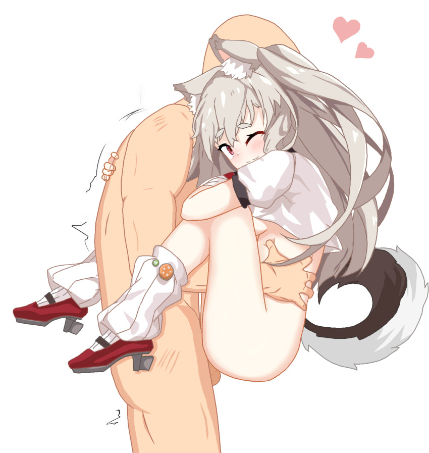 1boy 1girl animal_ears azur_lane bottomless breasts crop_top deep_penetration dog_ears dog_girl dog_tail grabbing_another&#039;s_stomach grey_hair heart highres loose_socks one_eye_closed red_footwear sbeve2004 sex shirt sideboob smile socks standing standing_sex tail vaginal white_shirt yuudachi_(azur_lane)