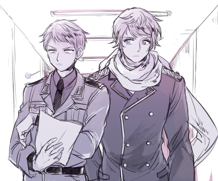 2boys axis_powers_hetalia belt breast_pocket buttons closed_mouth collared_shirt commentary_request goro_nyanko greyscale hands_up highres holding holding_paper indoors jacket lapels long_sleeves looking_at_another looking_at_object male_focus military_jacket monochrome multiple_boys necktie open_mouth paper pink_eyes pocket prussia_(hetalia) purple_eyes russia_(hetalia) scarf shirt short_hair upper_body v-shaped_eyebrows