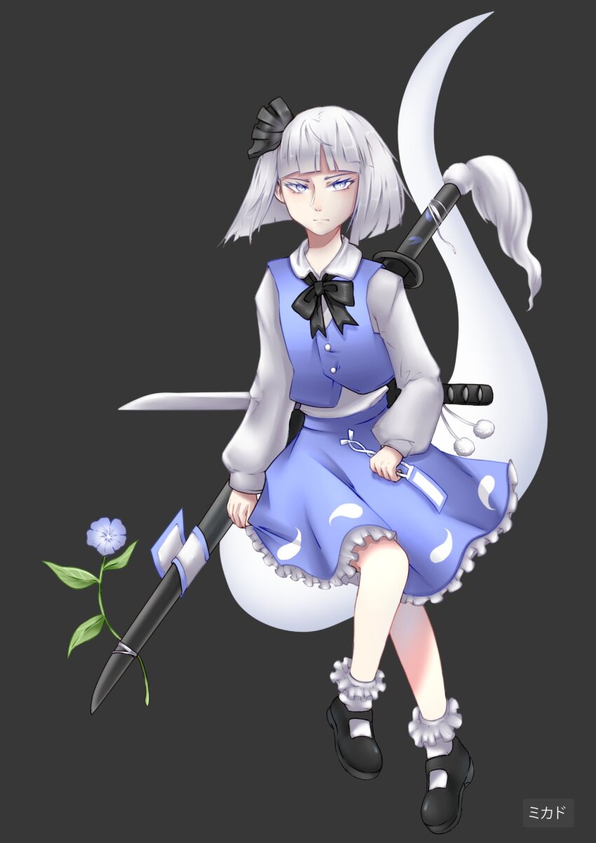 1girl alternate_color artist_name bad_id bad_twitter_id black_background black_bow black_ribbon black_shoes blue_eyes blue_flower blue_skirt blue_vest blunt_bangs blunt_ends bob_cut bow buttons closed_mouth collared_shirt colored_eyelashes commentary expressionless flower frilled_skirt frilled_socks frills full_body hair_ribbon highres hitodama hitodama_print holding katana konpaku_youmu konpaku_youmu_(ghost) light_frown long_sleeves looking_at_viewer luo_qiangwei mary_janes medium_skirt object_request pleated_skirt pom_pom_(clothes) puffy_long_sleeves puffy_sleeves ribbon sheath sheathed shirt shoes short_hair simple_background skirt skirt_set socks solo sword sword_on_back touhou vest wakizashi weapon weapon_on_back white_hair white_shirt white_socks