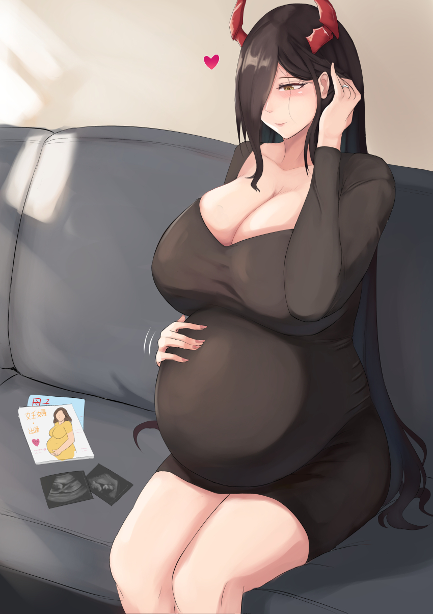 13otsu 1girl absurdres azur_lane big_belly black_dress black_hair blush breasts cleavage closed_mouth collarbone couch curvy demon_horns dress friedrich_der_grosse_(azur_lane) hair_over_one_eye hand_on_own_stomach heart highres horns huge_breasts indoors jewelry long_hair magazine_(object) motion_lines parted_lips plump pregnant ring sitting smile solo thick_thighs thighs ultrasound very_long_hair wedding_band wide_hips yellow_eyes