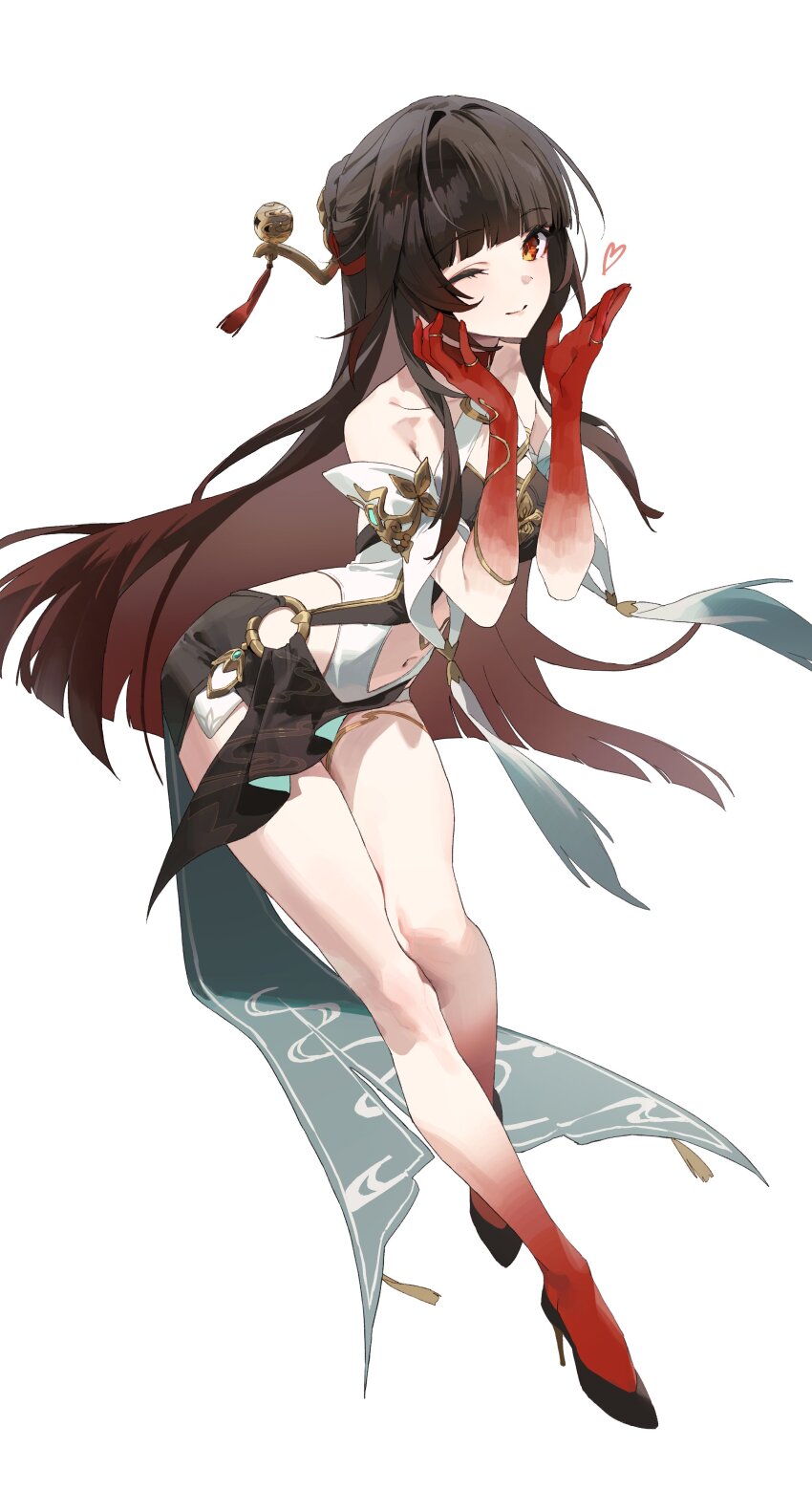 1girl absurdres bare_shoulders chinese_clothes closed_mouth clothing_cutout colored_extremities colored_skin criss-cross_halter detached_sleeves diamond-shaped_pupils diamond_(shape) gold_thighlet gradient_skin hair_ornament halterneck highres honkai:_star_rail honkai_(series) jewelry lingsha_(honkai:_star_rail) long_hair looking_at_viewer multiple_rings o-ring one_eye_closed orange_eyes pepperdevil red_feet red_hands red_skin ring simple_background smile solo stomach_cutout symbol-shaped_pupils tassel tassel_hair_ornament thighs white_background