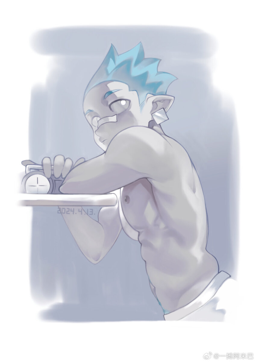 1boy abs arknights bandaid bandaid_on_face bandaid_on_nose blue_hair chameleon_boy chinese_commentary closed_mouth commentary_request dated ethan_(arknights) from_side goggles grey_background highres holding holding_goggles looking_to_the_side male_focus muscular muscular_male pants pectorals pointy_ears topless_male unworn_goggles watermark weibo_watermark white_pants yi_tan_a_mi_ba