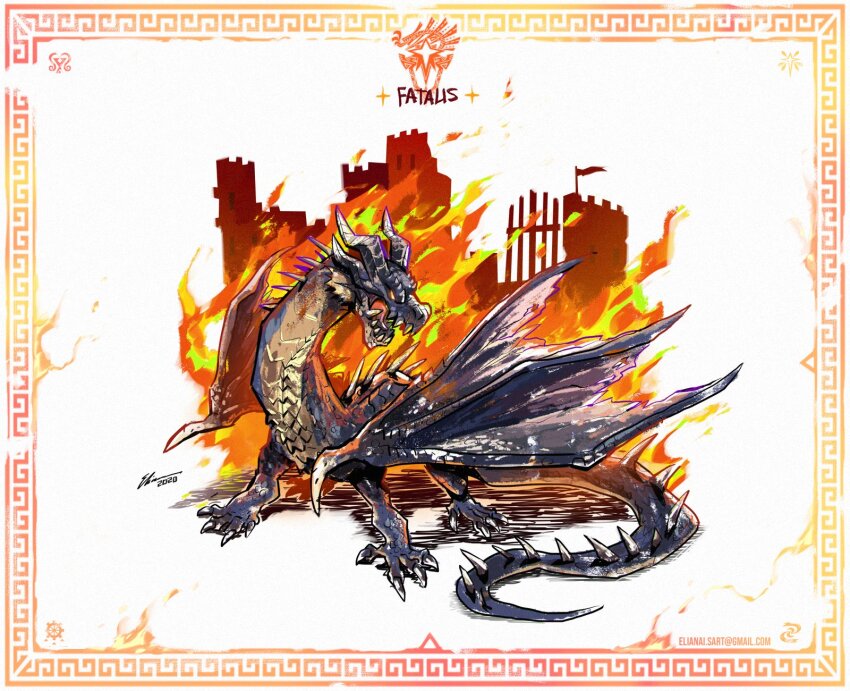border castle character_name dragon eliz0r email_address fatalis fire highres monster_hunter:_world monster_hunter_(series) monster_hunter_world:_iceborne no_humans ruins signature simple_background