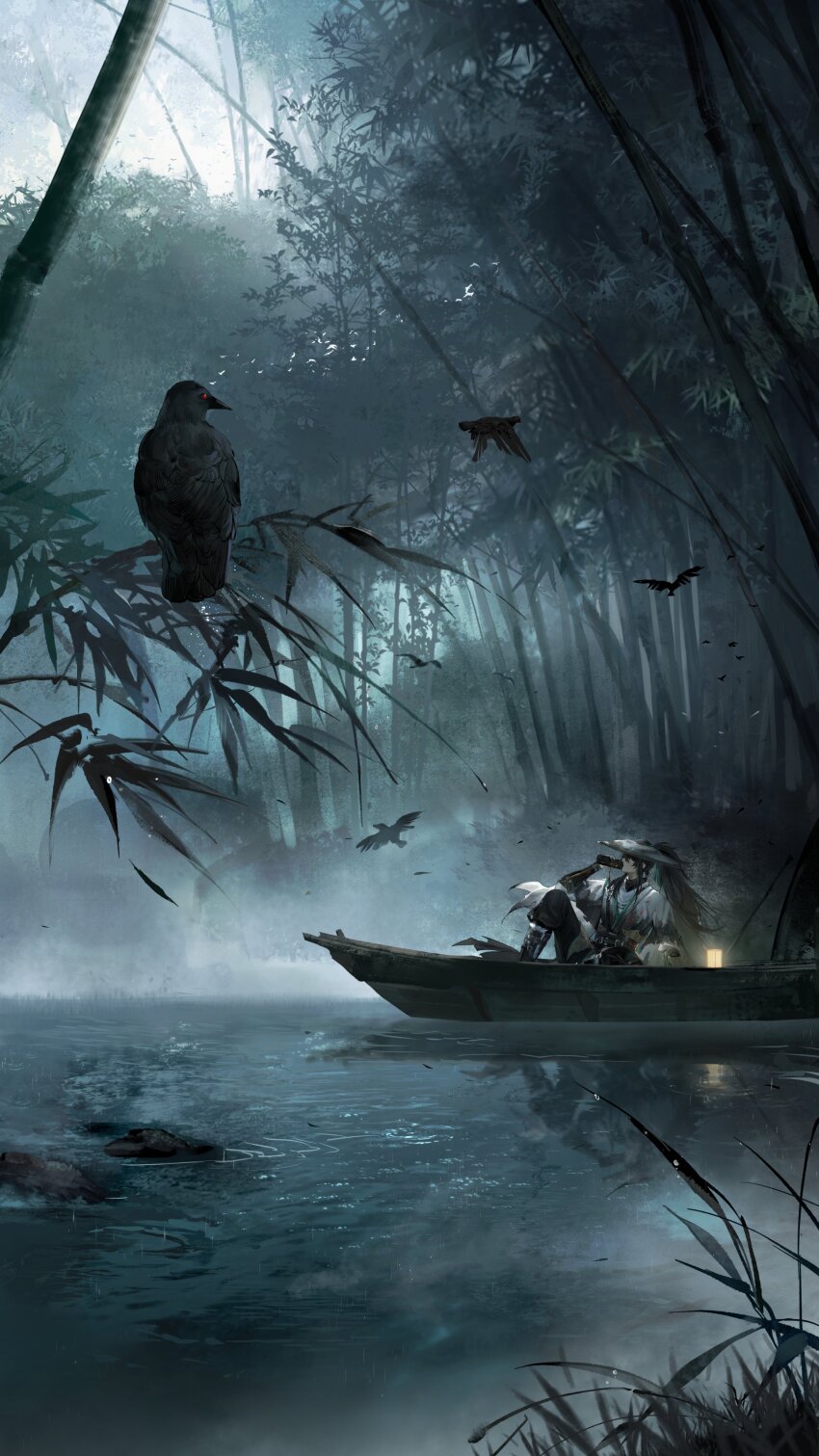 1boy absurdres bird black_bird black_hair canoe commentary copyright_notice drinking english_commentary highres logo long_hair male_focus official_art outdoors ponytail qiuyuan_(wuthering_waves) secretfj520 solo wide_shot wuthering_waves