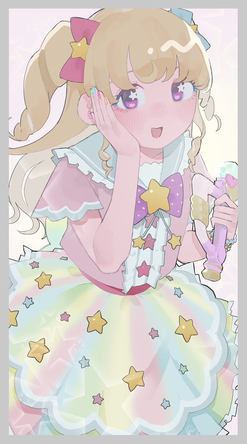 1girl :d absurdres blonde_hair blue_bow blue_sailor_collar blush border bow center_frills frills grey_border hair_bow hand_on_own_cheek hand_on_own_face hand_up highres holding holding_microphone idol_time_pripara kemura_(puripurinea) long_hair looking_at_viewer microphone multicolored_nails open_mouth pink_bow pretty_series pripara purple_bow purple_eyes ringlets sailor_collar short_sleeves smile solo standing star_(symbol) star_print two_side_up yumekawa_yui