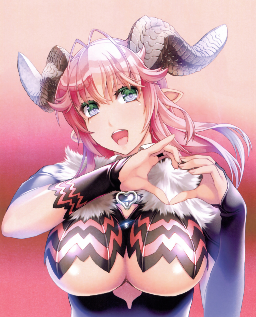 1girl :d absurdres antenna_hair asmodeus_(sin_nanatsu_no_taizai) asmodeus_(the_seven_deadly_sins) breasts bridal_gauntlets demon_girl demon_horns eyelashes female_focus fingernails fur_trim gradient_background green_eyes hair_between_eyes hands_up heart heart_hands highres horns large_breasts long_fingernails long_hair nail_polish nishii_(damnedrive) official_art open_mouth pink_hair pink_nails pointy_ears scan sin_nanatsu_no_taizai smile solo the_seven_deadly_sins underboob upper_body