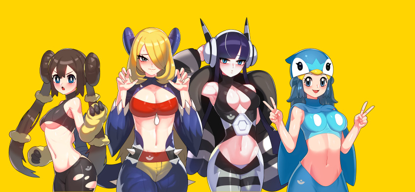 4girls absurdres bare_shoulders black_hair black_leggings blonde_hair blue_eyes blue_hair blush breasts brown_hair cape claw_pose cleavage cleavage_cutout closed_mouth clothing_cutout cosplay cowboy_shot cynthia_(pokemon) dawn_(pokemon) double_bun double_v drunkoak elesa_(pokemon) garchomp garchomp_(cosplay) gen_4_pokemon gen_5_pokemon gloves hair_bun hair_over_one_eye hat highres large_breasts leggings long_hair long_sleeves looking_at_viewer lopunny lopunny_(cosplay) matching_hair/eyes medium_breasts mega_lopunny mega_lopunny_(cosplay) mega_pokemon midriff multiple_girls navel nintendo open_mouth piplup piplup_(cosplay) pokemon pokemon_bw pokemon_bw2 pokemon_dppt rosa_(pokemon) s simple_background skin_tight smile standing striped_leggings torn_clothes torn_leggings twintails underboob v wavy_mouth yellow_background zebstrika zebstrika_(cosplay)