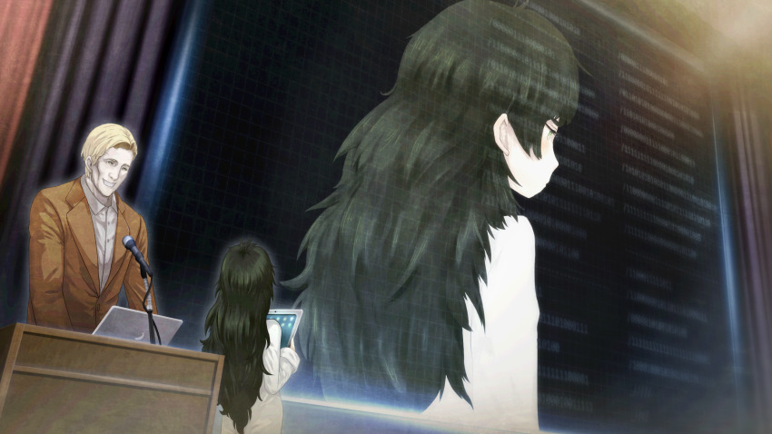 alexis_leskinen bad_tag blonde_hair blunt_bangs blush brown_jacket collared_shirt dress flat_chest from_behind from_side frown game_cg green_eyes green_hair green_trim grey_dress grin highres hiyajou_maho hiyajou_maho_(salieri) holding holding_tablet_pc huke jacket lab_coat lapels long_hair long_sleeves looking_at_another looking_to_the_side messy_hair non-web_source notched_lapels official_art open_clothes podium pout ringed_eyes shirt short_hair smile square_pupils steins;gate steins;gate_0 tablet_pc teasing thick_eyebrows tongue very_long_hair very_short_hair white_shirt