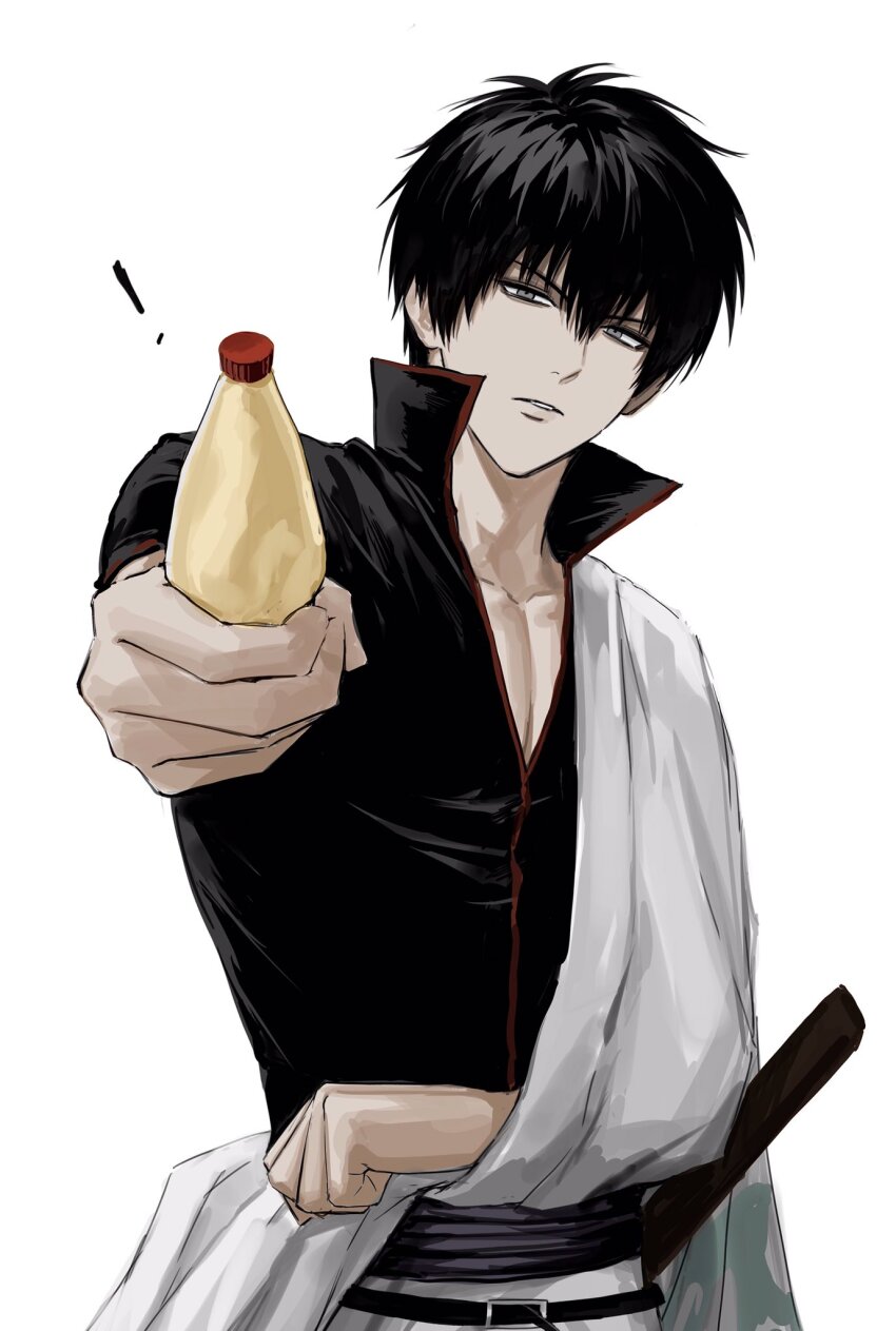! 1boy black_hair bottle gintama hair_between_eyes highres hijikata_toushirou holding holding_bottle japanese_clothes kimono looking_at_viewer male_focus open_clothes pectoral_cleavage pectorals short_hair simple_background solo sso_s white_background