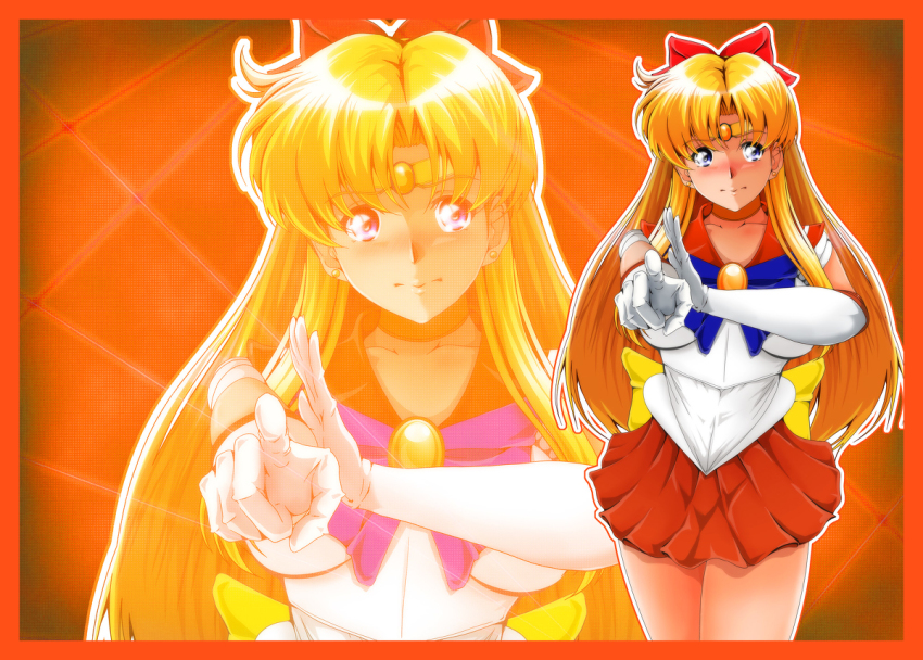 1girl aino_minako bishoujo_senshi_sailor_moon blonde_hair blue_eyes blush bow breasts gloves large_breasts long_hair magical_girl miniskirt nanashi_noiji red_bow sailor_venus skirt very_long_hair