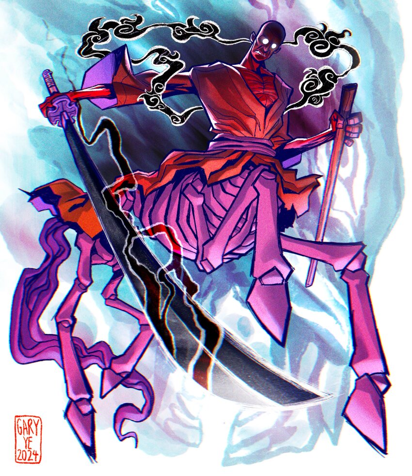 1boy absurdres animal_skull aura bakotsu_(youkai) black_cloud black_lightning boar centaur clenched_teeth dark_aura electricity ethan-baron_v._nusjuro frown gaeree glasses glowing_glasses gorosei highres holding holding_sheath holding_sword holding_weapon japanese_clothes katana kimono looking_at_viewer male_focus old old_man one_piece opaque_glasses round_eyewear scabbard sheath skeleton skeleton_horse solo sword taur teeth weapon