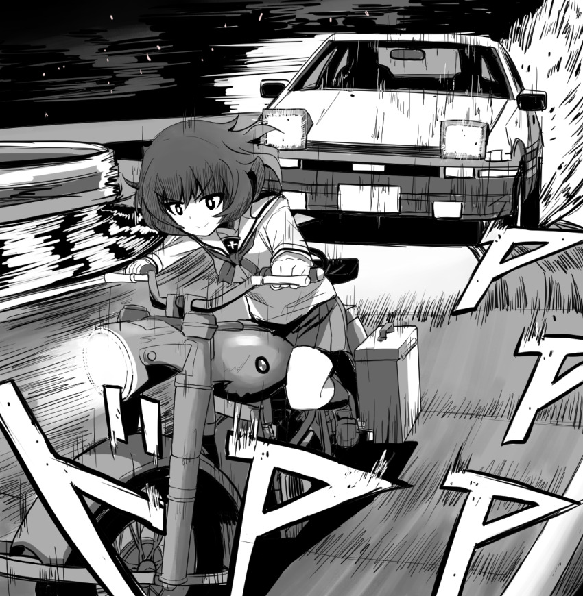1girl akiyama_yukari bmw bmw_r75 car commentary crossover drifting fujiwara_takumi&#039;s_toyota_trueno_ae86 girls_und_panzer greyscale guard_rail initial_d kk90 monochrome motion_lines motor_vehicle motorcycle ooarai_school_uniform road school_uniform shigeno_shuuichi_(style) shoes skirt smile socks sound_effects speed_lines toyota toyota_sprinter_trueno