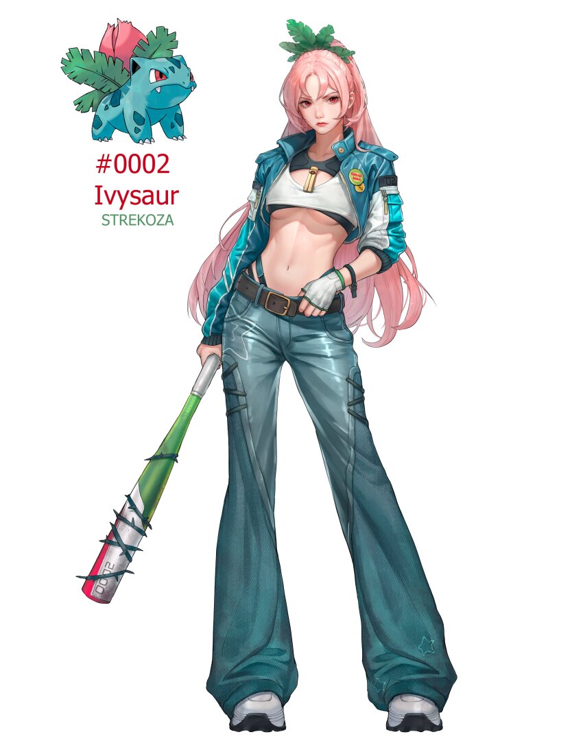 1girl absurdres artist_name badge baseball_bat belt blue_pants breasts brown_belt button_badge character_name closed_mouth crop_top denim full_body gen_1_pokemon highres ivysaur jeans long_hair looking_at_viewer midriff nail nail_(hardware) nail_bat navel nintendo pants personification pink_hair pokemon pokemon_(creature) red_eyes reference_inset shirt shoes sneakers solo strekozavt underboob very_long_hair white_shirt