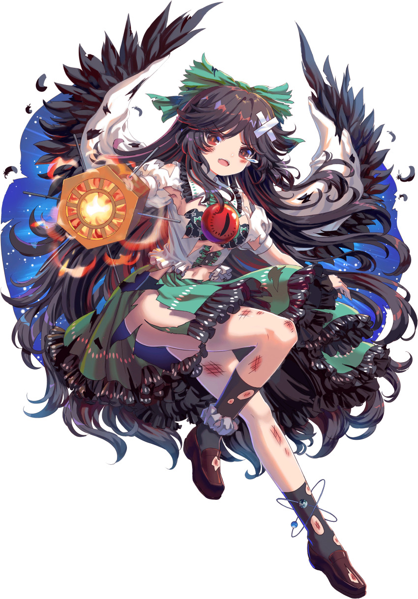 1girl absurdres bird_wings black_bra black_hair black_socks black_wings blue_cape bra breasts brown_eyes brown_shoes cape character_print control_rod_(touhou) crossed_bandaids falling_feathers feathers frilled_skirt frills full_body game_cg green_ribbon green_skirt hair_ribbon highres injury kumio loafers long_hair navel non-web_source puffy_short_sleeves puffy_sleeves reiuji_utsuho reiuji_utsuho_(bird) ribbon self_character_print shirt shoes short_sleeves skirt socks solo space_print starry_sky_print tachi-e teardrop third_eye third_eye_on_chest torn_cape torn_clothes torn_footwear torn_shirt torn_shoes torn_skirt torn_socks touhou touhou_blooming_chaos underwear white_shirt wings