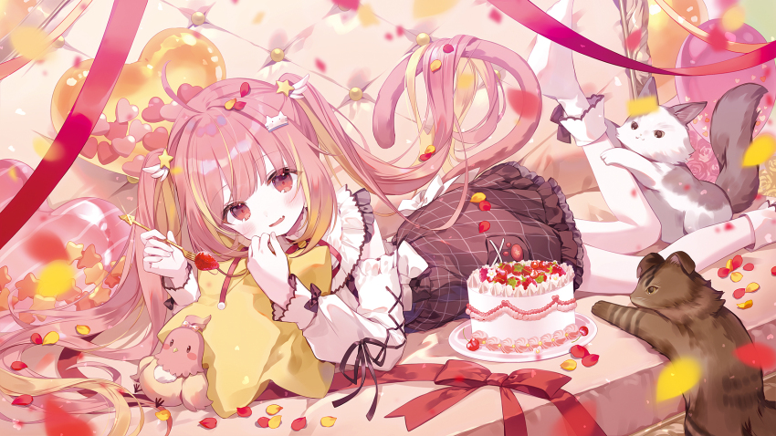 1girl ahoge balloon bird black_bow blonde_hair blush bow brown_eyes brown_skirt cake cat commentary_request detached_sleeves fang food frilled_skirt frills fruit full_body heart heart_balloon highres hira_hikari ibara_riato long_hair nanashi_inc. open_mouth pink_hair plaid_clothes plaid_skirt skin_fang skirt sleeve_bow smile socks solo star-shaped_pillow strawberry twintails virtual_youtuber white_bow white_sleeves white_socks