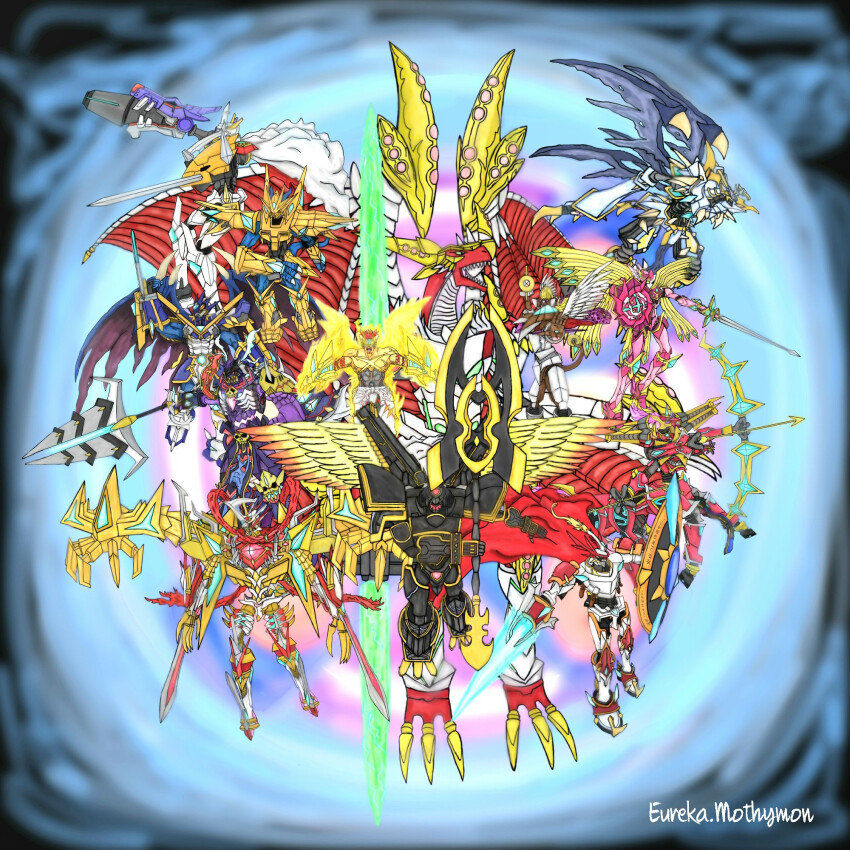 alphamon_ouryuken armor arrow_(projectile) bow claws craniummon_x-antibody digimon digimon_(creature) duftmon_x-antibody dukemon_x-antibody dynasmon_x-antibody examon_x-antibody gankoomon_x-antibody highres jesmon_x-antibody looking_at_viewer lordknightmon_x-antibody magnamon_x-antibody omegamon_x-antibody royal_knights sleipmon_x-antibody sword ulforcev-dramon_x-antibody weapon wings