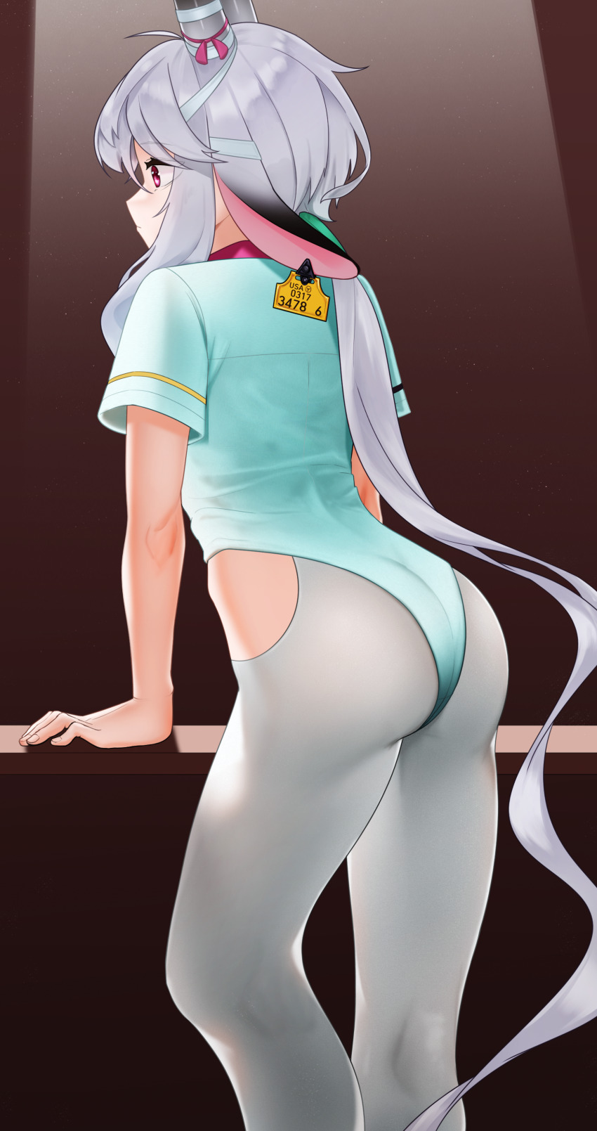 1girl absurdres animal_ears arm_support arms_at_sides ass ass_focus bandaged_horn blue_leotard brown_background closed_mouth cow_ears cow_girl cow_horns cowboy_shot ear_tag expressionless floppy_ears from_behind grey_hair grey_horns highleg highleg_leotard highres horizontal_bar horn_ornament horn_ribbon horns kim_milk leotard long_hair long_sidelocks looking_ahead low_ponytail pantyhose pink_eyes pink_ribbon ponytail profile ribbon short_sleeves sidelocks solo spotlight standing thighs uyoo_(vrchat) very_long_hair vrchat white_pantyhose