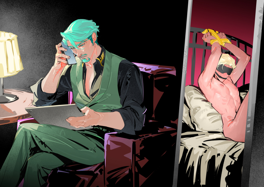 2boys bdsm beard blonde_hair bondage bound bound_arms bound_wrists challia_bull char_aznable couch eye_mask facial_hair gag gagged green_eyes green_hair gundam gundam_gquuuuuux highres long_sleeves male_focus military_uniform multiple_boys mustache nipples nomaumona nude on_bed on_couch pants restrained shirt short_hair sitting talking_on_phone vest yaoi