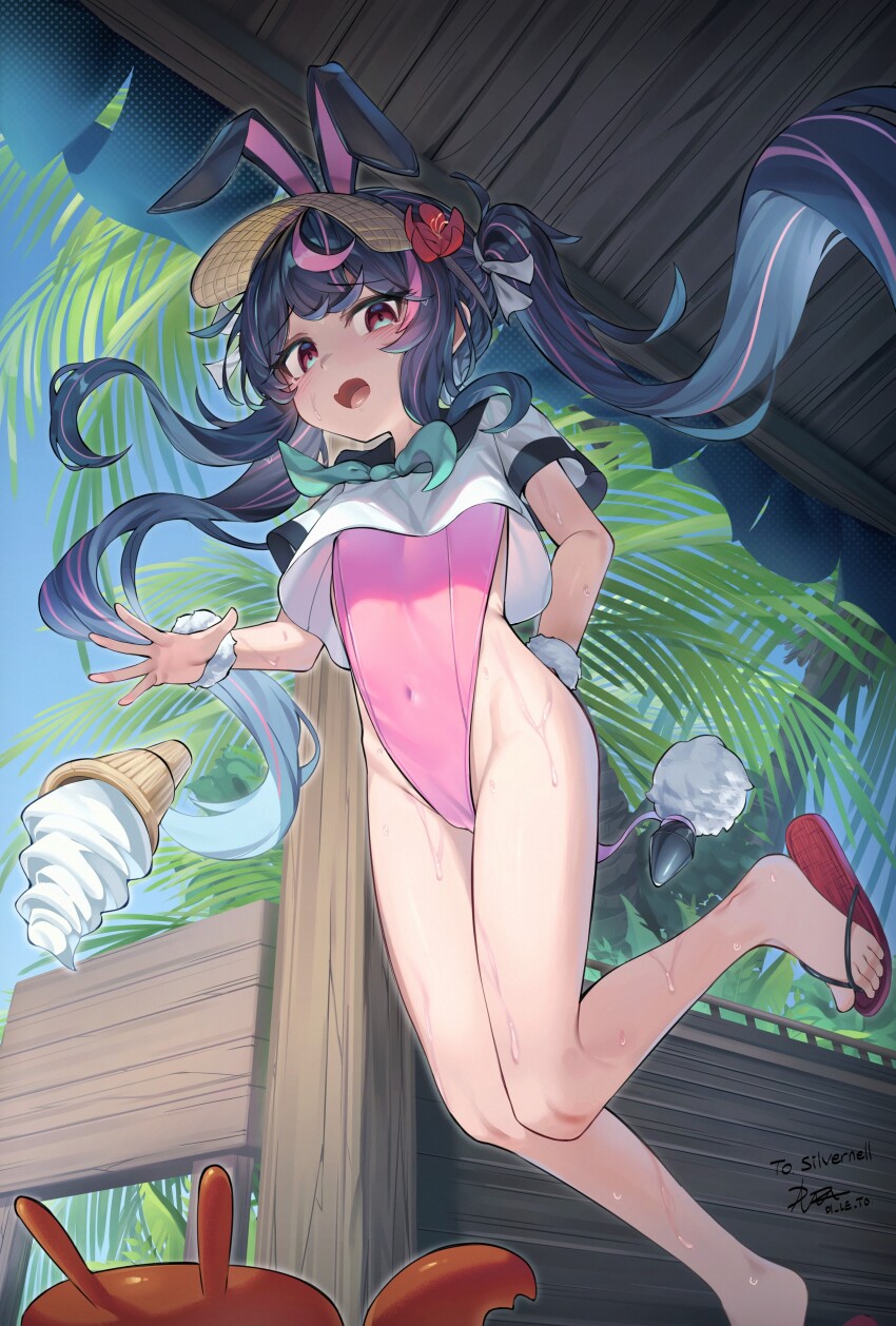 1girl absurdres anal_beads anal_tail animal_ears bare_legs bare_shoulders black_hair blush butt_plug covered_navel crab crop_top di_le_to fake_tail flower food groin hair_flower hair_ornament highleg highres ice_cream looking_at_viewer multicolored_hair one-piece_swimsuit open_mouth original palm_leaf pink_hair pink_one-piece_swimsuit rabbit_ears rabbit_tail sailor_collar scrunchie soft_serve standing streaked_hair super_highleg swimsuit tail twintails visor_cap wet wrist_scrunchie