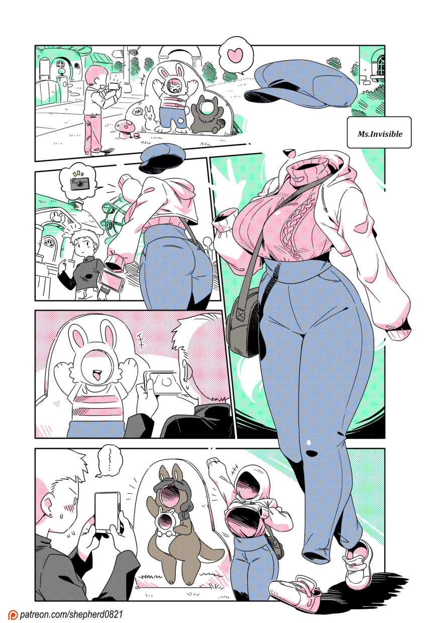+++ 1boy 2girls alternate_language amusement_park bag between_breasts blush breasts building cellphone character_name clothes_lift comic commentary earrings english_text ferris_wheel flat_cap flying_sweatdrops gate handbag hat heart highres holding holding_phone invisible jacket jewelry large_breasts lifting_own_clothes limited_palette ms._invisible_(modern_mogal) multiple_girls mushroom_house open_mouth original outdoors patreon_username phone ribbed_sweater shepherd0821 short_hair silent_comic silhouette smartphone spoken_heart spoken_object strap_between_breasts sweatdrop sweater taking_picture