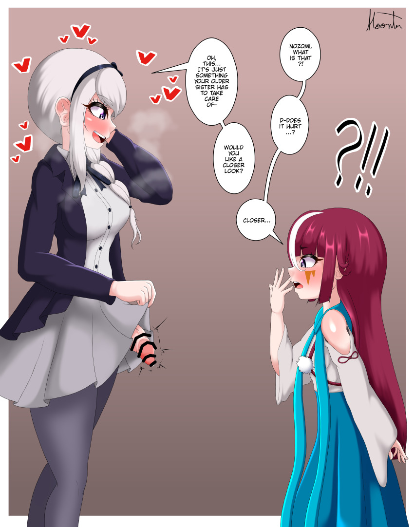 !? 1futa 1girl age_difference blue_dress blush border brown_background censored dress english_text futa_with_female futanari gradient_background hand_up heart height_difference hoonter kamyuhn kirifuji_nozomi loli long_hair looking_at_another looking_at_penis looking_down multicolored_hair open_mouth pantyhose penis pleated_dress pleated_skirt purple_eyes purple_pantyhose red_hair simple_background skirt speech_bubble streaked_hair teeth the_hundred_line_-last_defense_academy- tongue white_border white_hair white_skirt