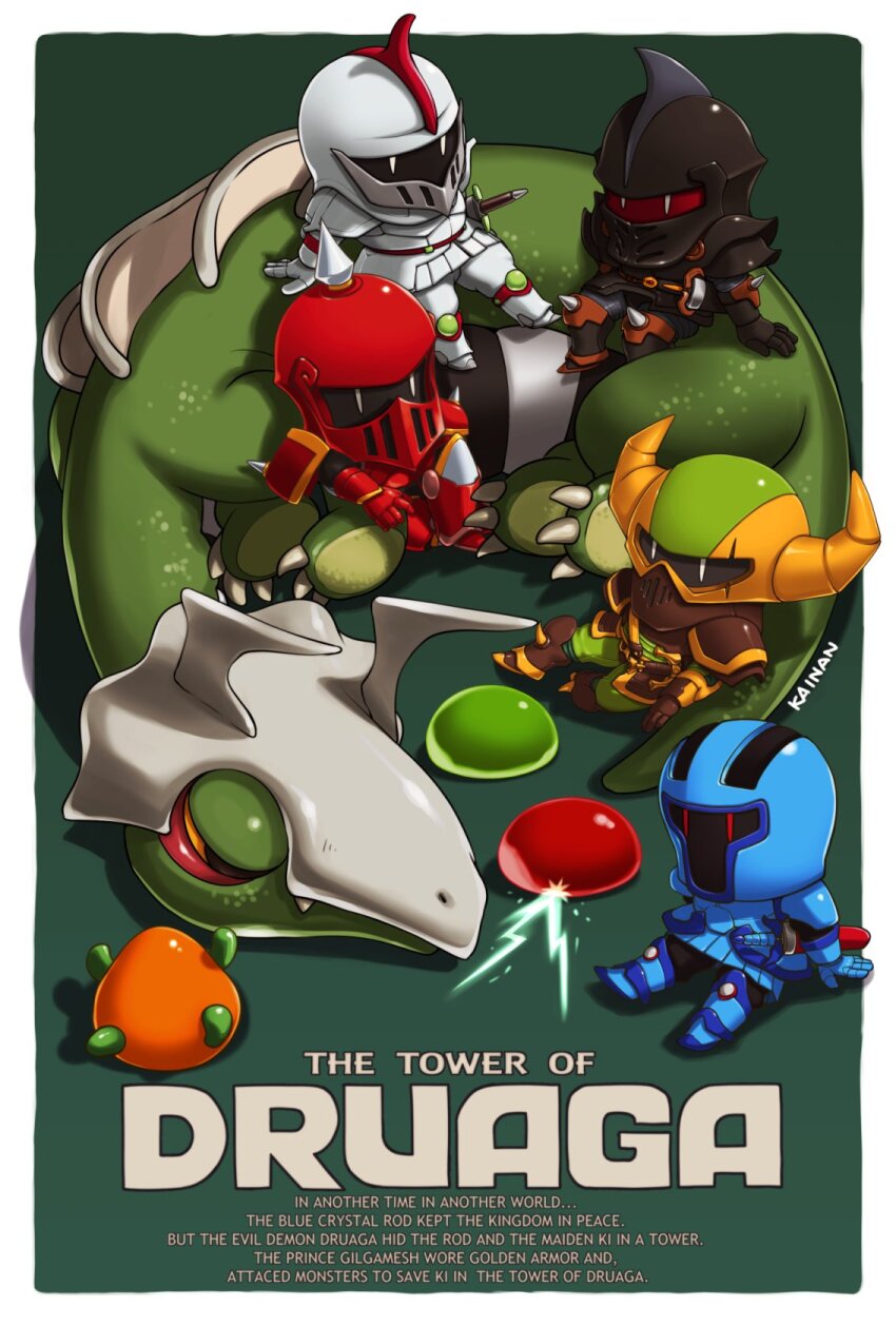 5others armor armored_boots artist_name bevor black_armor black_eyes black_knight_(druaga) black_pants black_shirt blue_armor blue_knight_(druaga) boots border colored_sclera commentary copyright_name creature cuirass dragon druaga_no_tou english_text fake_horns fangs gauntlets green_pants green_slime_(druaga) half-closed_eyes helmet highres horned_helmet horns hyper_knight_(druaga) kainan knight mirror_knight_(druaga) multiple_others pants pauldrons quox_(druaga) red_armor red_eyes red_knight_(druaga) red_slime_(druaga) roper shirt shoulder_armor sitting sitting_on_animal slime_(creature) tassets white_armor white_border white_eyes yellow_armor yellow_sclera |_|