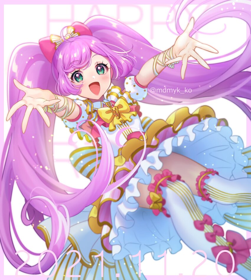 1girl :d ahoge blush border bow commentary_request dated detached_sleeves dress dutch_angle feet_out_of_frame gold_trim green_eyes hair_bow happy_birthday highres idol_clothes long_hair looking_at_viewer manaka_laala mendamen multicolored_dress open_hands open_mouth outstretched_arms pink_border pink_bow pretty_series pripara puffy_detached_sleeves puffy_sleeves purple_hair reaching reaching_towards_viewer smile solo thighhighs treble_clef twintails very_long_hair white_thighhighs yellow_bow