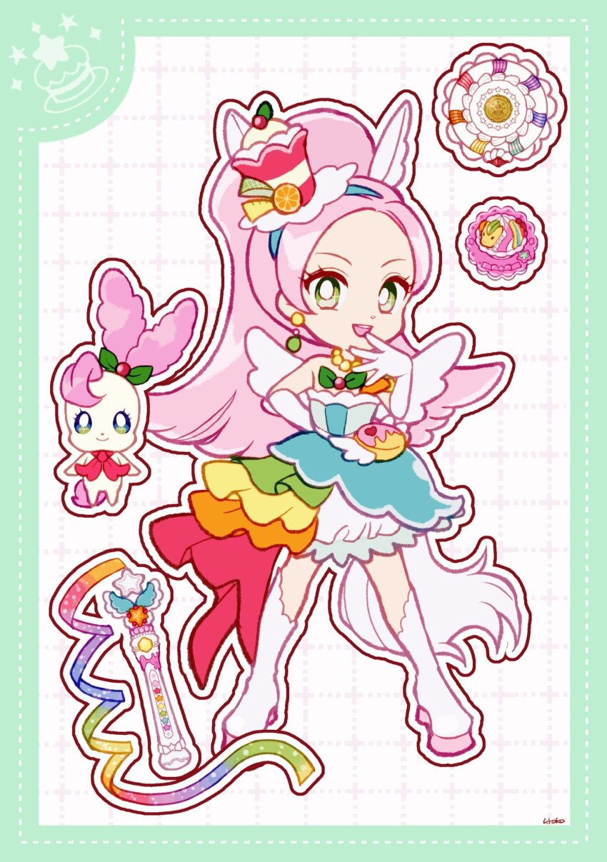 1girl animal_ears bare_shoulders bead_necklace beads blue_dress blue_hairband blunt_ends boots border bright_pupils compact_(cosmetics) cosmetics cure_parfait dot_nose dotted_line dress dual_persona earrings elbow_gloves extra_ears eyelashes food food-themed_hair_ornament forehead frilled_skirt frills full_body gloves green_border green_eyes grid_background hair_ornament hairband hand_on_own_chin hand_on_own_hip happy high_ponytail highres horse_ears horse_girl horse_tail jewelry kirahoshi_ciel kirakira_precure_a_la_mode kirarin_(precure) long_hair looking_at_viewer magical_girl miniskirt multicolored_ribbon necklace open_mouth outline parfait pegasus_wings pink_hair ponytail precure rainbow_gradient ribbon short_dress signature single_strap skirt skirt_under_dress sleeveless sleeveless_dress smile sphere_earrings tail tareme teeth thigh_boots upper_teeth_only uwded_207 very_long_hair wand white_background white_boots white_gloves white_outline white_pupils white_skirt white_wings wings