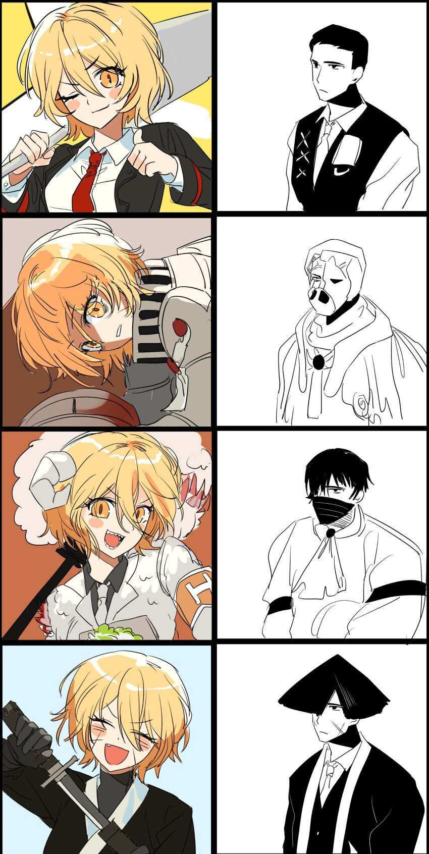 1boy 1girl absurdres blade_lineage_(identity)_(project_moon) blonde_hair don_quixote_(project_moon) e.g.o_(project_moon) expressionless fang highres holding holding_weapon horns lantern_(e.g.o) limbus_company lobotomy_corporation_(identity)_(project_moon) looking_at_viewer mask meurdon meursault_(project_moon) multiple_views n_corp._fanatic_(identity)_(project_moon) partially_colored partially_shaded_face project_moon recurring_image regret_(e.g.o) sharp_teeth smile teeth weapon yellow_eyes