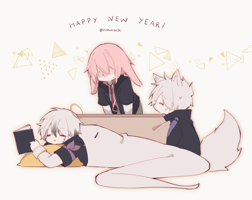 3boys =_= adnachiel_(arknights) animal_ear_fluff animal_ears ansel_(arknights) arknights armband black_hair black_jacket blanket book closed_eyes colored_tips commentary english_commentary fox_boy fox_ears fox_tail green_skirt halo happy happy_new_year highres holding holding_book jacket kotatsu looking_at_another lop_rabbit_ears lying male_focus multicolored_hair multiple_boys necktie nervous_sweating new_year on_stomach parted_lips pillow pink_hair pushu rabbit_ears red_necktie shaded_face shirt short_hair short_sleeves simple_background sitting skirt steward_(arknights) sweat table tail tilted_halo traditional_halo twitter_username white_background white_hair white_shirt