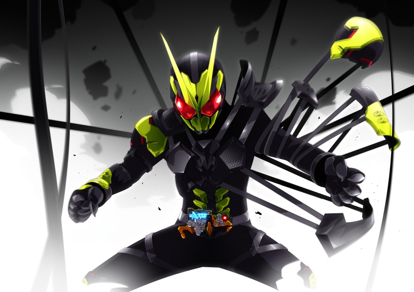 1boy absurdres adapted_costume alternate_costume alternate_universe armor black_armor black_boots bodysuit boots bug clenched_hand commentary_request electricity fighting_stance forceriser grasshopper green_armor highres insect kamen_rider kamen_rider:_reiwa_the_first_generation kamen_rider_01_(series) kamen_rider_zero-one kamen_rider_zerozero_one lightning mask otokamu progrise_key rising_hopper tokusatsu transformation