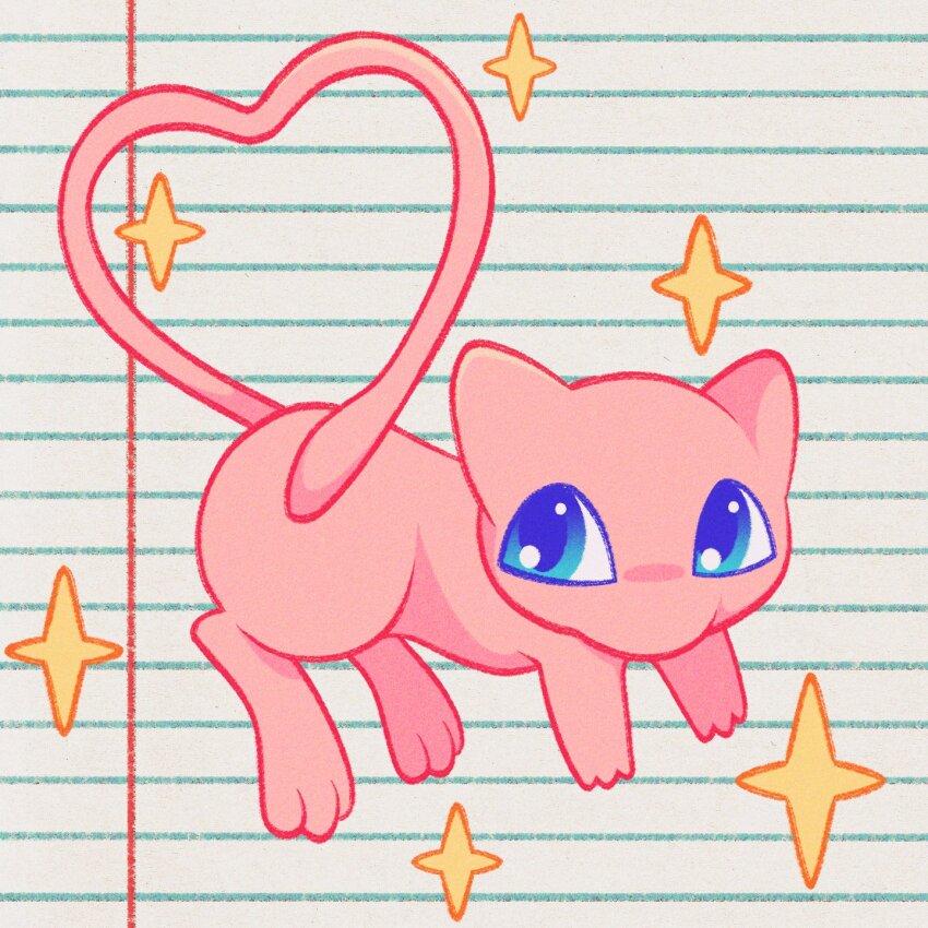 blue_eyes cryptidhermit full_body gen_1_pokemon heart heart_tail highres legendary_pokemon lined_paper looking_at_viewer mew_(pokemon) mythical_pokemon nintendo no_humans pokemon pokemon_(creature) solo sparkle tail