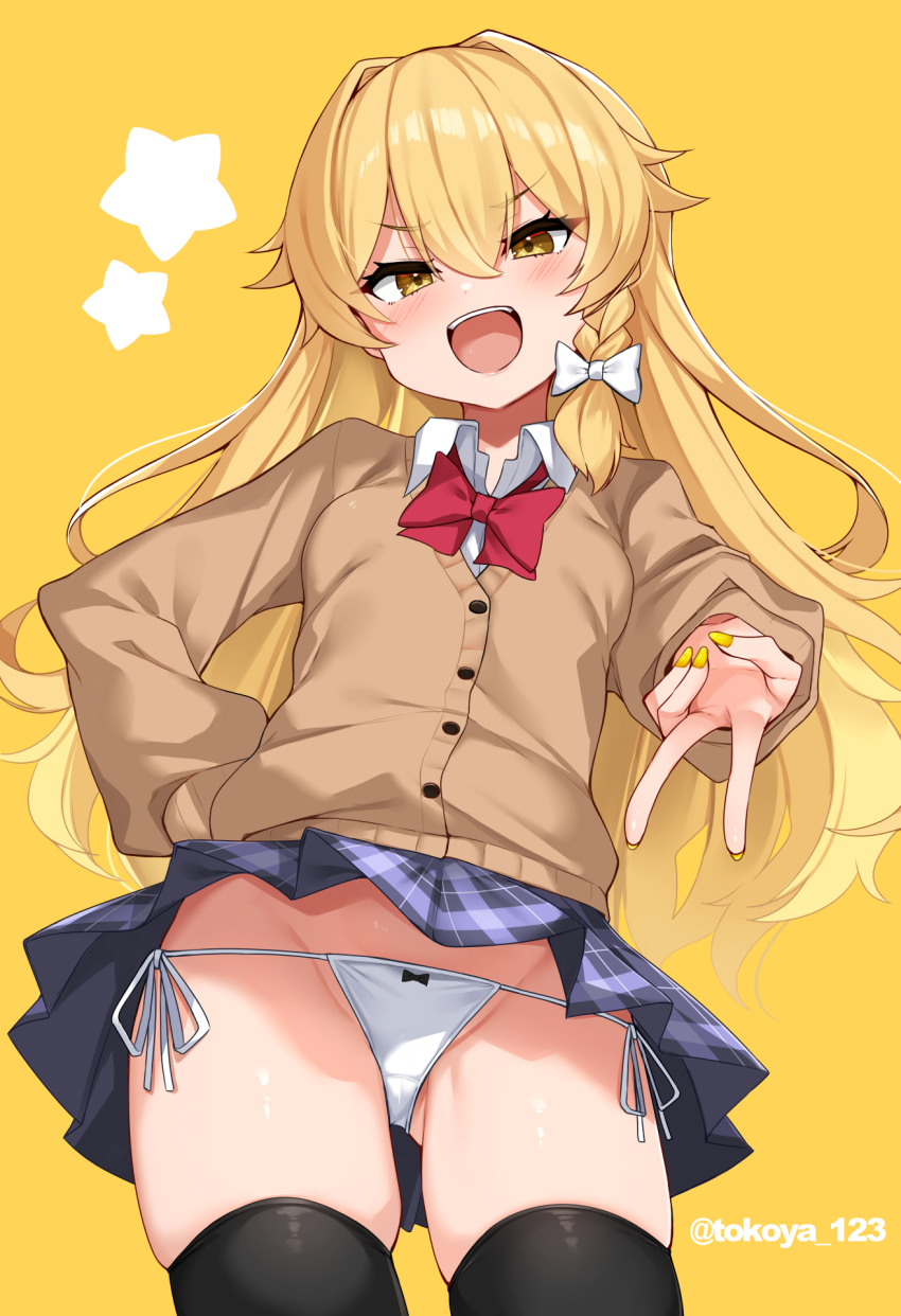1girl :d arm_behind_back blazer blush bow bowtie braid breasts brown_jacket clothes_lift collared_shirt crotch_seam daichi_(tokoya) from_below hair_between_eyes hair_bow highres hip_focus jacket kirisame_marisa long_hair looking_at_viewer looking_down open_mouth panties red_bow red_bowtie school_uniform shirt side-tie_panties single_braid skindentation skirt skirt_lift small_breasts smile smug solo standing star_(symbol) star_symbol_background teeth thighhighs thighs touhou underwear upper_teeth_only v very_long_hair white_bow white_panties white_shirt wind wind_lift yellow_background yellow_nails