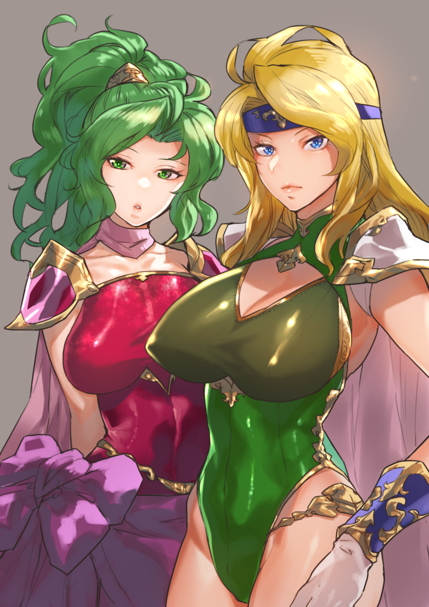 2girls armor blonde_hair blue_eyes breasts cape celes_chere closed_mouth dress final_fantasy final_fantasy_vi green_eyes green_hair green_leotard hamushima headband highres large_breasts leotard lips long_hair looking_at_viewer multiple_girls open_mouth ponytail tina_branford