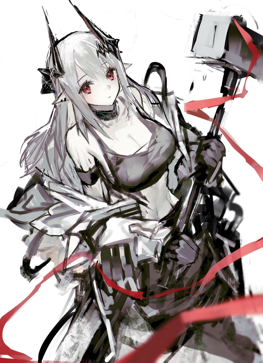 1girl arknights armlet black_gloves black_shirt breasts choker cleavage closed_mouth ear_piercing elite_ii_(arknights) expressionless from_above gloves hammer highres holding holding_hammer horns infection_monitor_(arknights) jewelry jumpsuit large_breasts long_hair looking_at_viewer material_growth midriff mudrock_(arknights) mudrock_(elite_ii)_(arknights) off_shoulder oripathy_lesion_(arknights) piercing pointy_ears red_eyes red_ribbon remsrar ribbon shirt sidelocks solo tank_top white_background white_hair