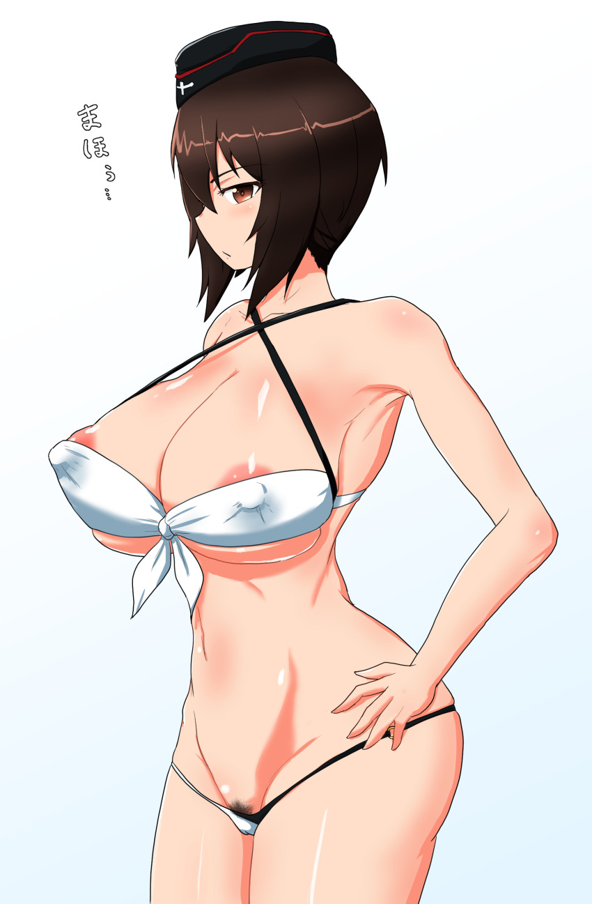 1girl absurdres bikini blush breasts brown_eyes brown_hair covered_erect_nipples criss-cross_halter cube_(huidama) garrison_cap girls_und_panzer halterneck hat highres huge_breasts navel nishizumi_maho pubic_hair short_hair solo swimsuit thong_bikini