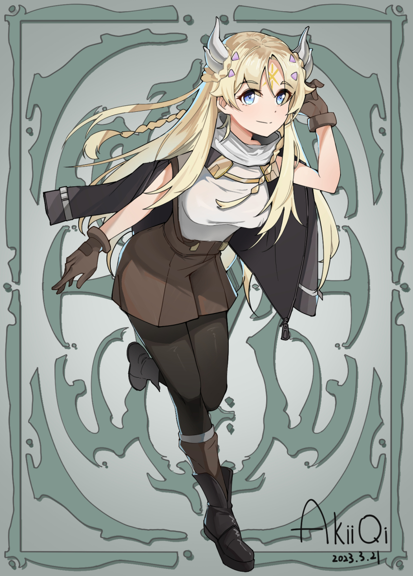 1girl aqua_eyes black_boots black_gloves blonde_hair boots braid breasts closed_mouth dogmatika_ecclesia_the_virtuous duel_monster ecclesia_(yu-gi-oh!) facial_mark fake_horns forehead_mark gloves gustye highres horns incredible_ecclesia_the_virtuous long_hair looking_at_viewer medium_breasts official_alternate_costume pantyhose shirt signature smile solo white_shirt yu-gi-oh!