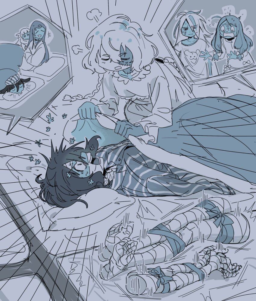 6+girls bandaged_hand bandaged_neck bandages blanket braid closed_eyes collared_shirt covering_with_blanket detached_arm detached_legs flower futon hair_over_one_eye hat highres holding holding_blanket hoshikawa_lily konno_junko koyomania long_hair long_sleeves lying medium_hair minamoto_sakura mizuno_ai monochrome multiple_girls nightgown nikaidou_saki on_back open_mouth pajamas puff_of_air scar scar_on_face shirt stitched_face stitches striped_clothes striped_shirt t-shirt twin_braids wide-eyed yamada_tae yuugiri_(zombie_land_saga) zombie_land_saga