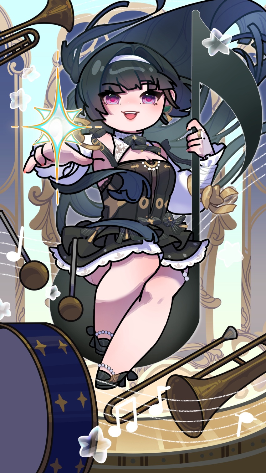 1girl absurdres astra_yao astra_yao_(chandelier) bare_shoulders black_bow black_bowtie black_dress black_hair black_ribbon black_shoes blue_background bow bowtie breasts bridal_gauntlets chibi cleavage commentary_request dress drum drumsticks earrings gem hairband headband highres instrument jewelry long_hair music musical_note nail_polish official_alternate_costume open_mouth pearl_(gemstone) purple_eyes ribbon shoes sitting solo sparkle stage star_(symbol) teeth thigh_beads thigh_strap tongue trumpet uneven_bangs upper_teeth_only white_bridal_gauntlets white_hairband white_headband yellow_ribbon yemuzi zenless_zone_zero