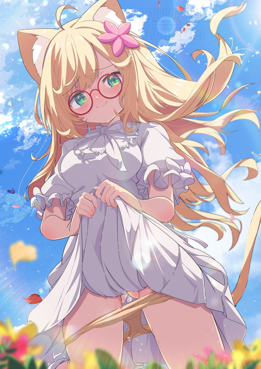 1girl absurdres ahoge animal_ear_fluff animal_ears blonde_hair blue_sky blush bow breasts cat_ears cat_girl cat_tail closed_mouth clothes_lift cloud commission day dress dress_lift flower frilled_dress frilled_sleeves frills from_below glasses gluteal_fold green_eyes hair_flower hair_ornament highres kneeling lens_flare lifting_own_clothes long_hair looking_at_viewer medium_breasts original outdoors panties panty_pull petals pink_flower puffy_short_sleeves puffy_sleeves pussy_juice pussy_juice_trail red-framed_eyewear round_eyewear shiro9jira shirt_lift short_sleeves skeb_commission sky smile solo standing tail underwear virtual_youtuber white_dress yellow_flower yellow_panties