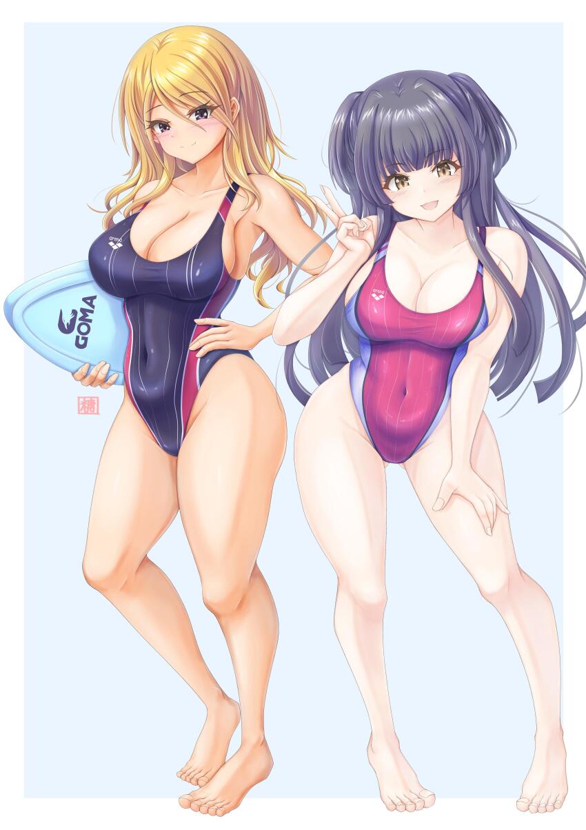 absurdres aqua_background bare_legs barefoot black_hair black_one-piece_swimsuit blonde_hair blue_background border breasts brown_eyes cleavage closed_mouth commentary commentary_request competition_swimsuit covered_navel dark_skin full_body hair_between_eyes hand_on_own_thigh highleg highleg_one-piece_swimsuit highres holding_kickboard idolmaster idolmaster_shiny_colors izumi_mei kickboard large_breasts looking_at_viewer mayuzumi_fuyuko one-piece_swimsuit purple_eyes red_one-piece_swimsuit smile standing striped_clothes striped_one-piece_swimsuit swimsuit tan toes tong_shui two_side_up v