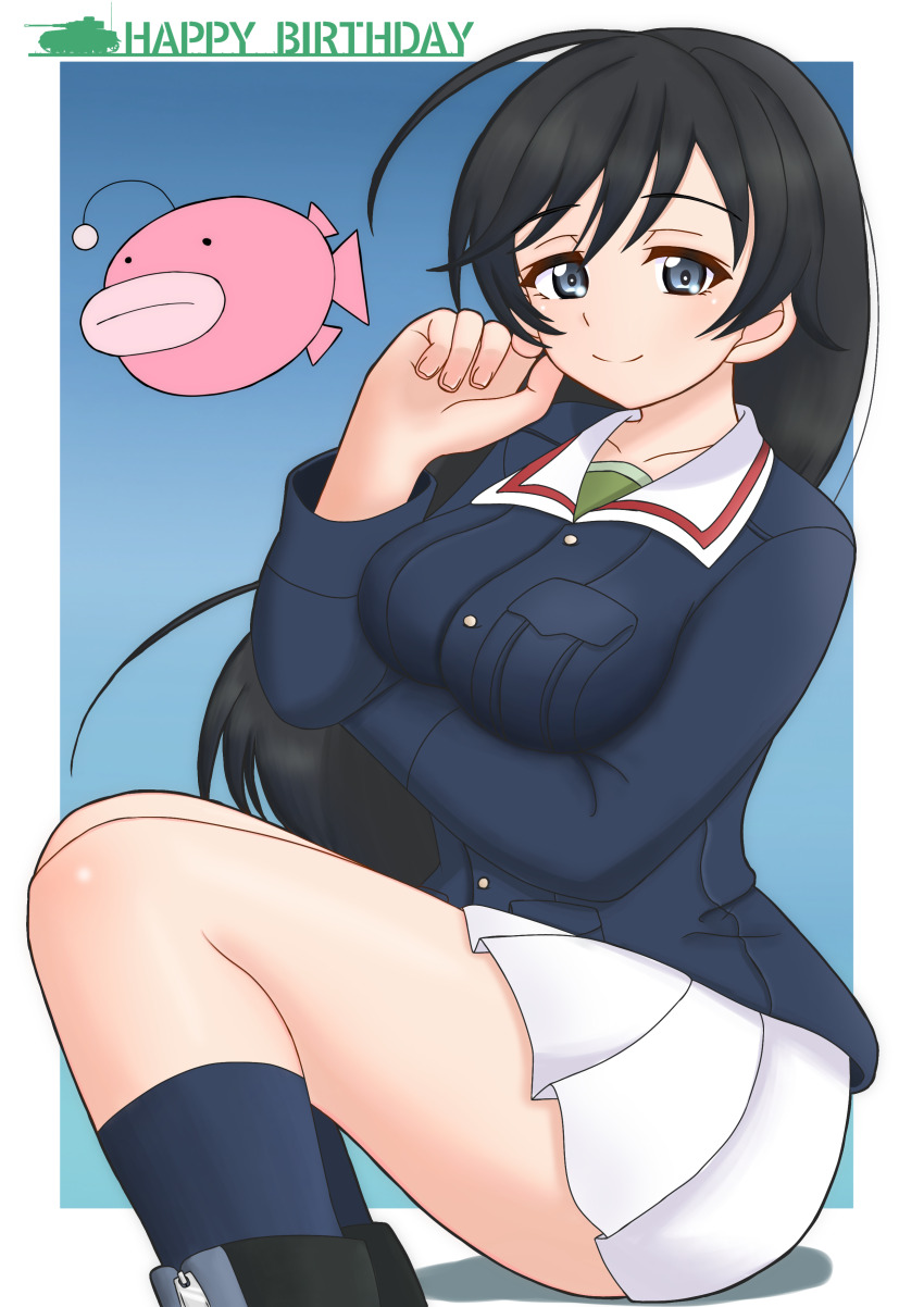 1girl absurdres ahoge amanone_yun anglerfish birthday black_boots black_eyes black_hair black_socks blue_background blue_jacket boots closed_mouth emblem english_text fish from_side girls_und_panzer green_undershirt hand_on_own_elbow hand_on_own_face happy_birthday highres isuzu_hana jacket long_hair long_sleeves looking_at_viewer military_uniform miniskirt ooarai_military_uniform pleated_skirt sitting skirt smile socks solo undershirt white_skirt